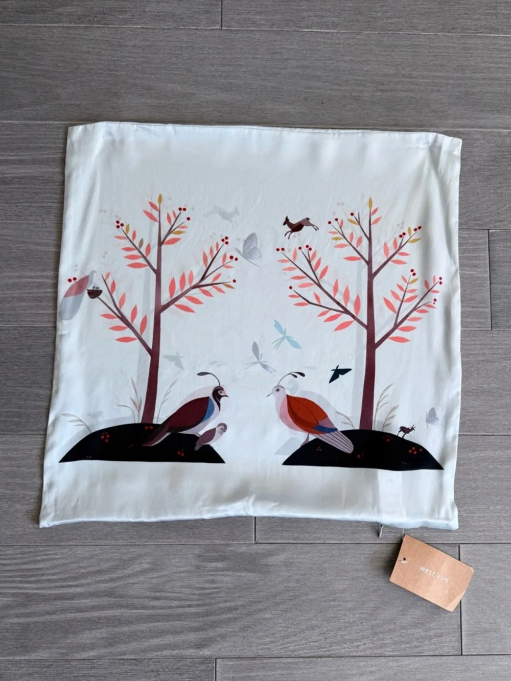 West Elm Silk Pillow Cover 20x20 Nature Print Bird Tree Minimalist Boho Decor